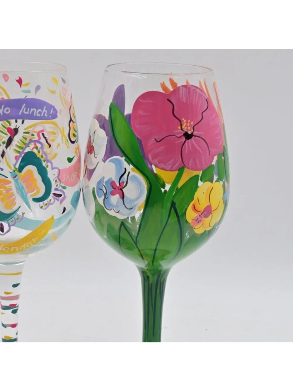 Lolita Hand Painted Wine Glasses Floral & Butterfly Designs 2 Piece Set